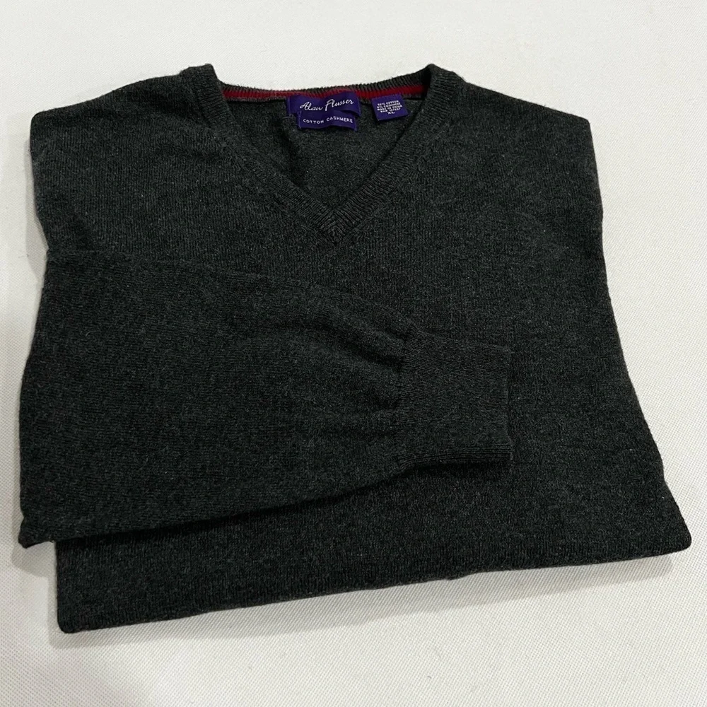 Alan Flusser Cotton Cashmere V-Neck Sweater Size XL Heathered Gray Grey LS